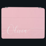 Pink White Elegant Calligraphy Script Name iPad Air Cover<br><div class="desc">Pink White Elegant Calligraphy Script Custom Personalized Add Your Own Name iPad Air Cover features a modern and trendy simple and stylish design with your personalized name in elegant hand written calligraphy script typography on a metallic pink shimmer background. Perfect gift for birthday, Christmas, Mother's Day and stylish enough for...</div>