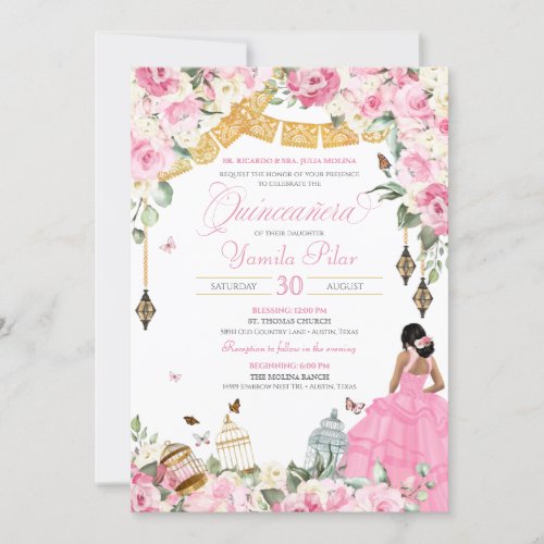 Pink White Elegant Floral Butterfly Quinceanera 3 Invitation