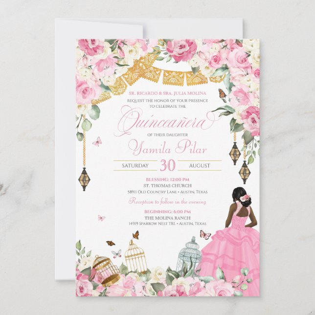 Pink White Elegant Floral Butterfly Quinceanera 5 Invitation (Front)