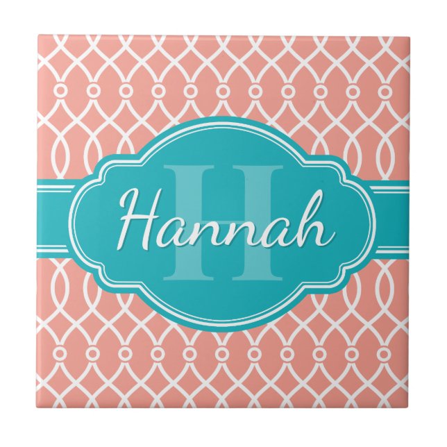Pink White Elegant Lattice Pattern Teal Monogram Ceramic Tile (Front)