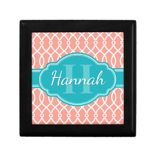 Pink White Elegant Lattice Pattern Teal Monogram Gift Box