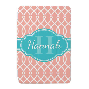 Pink White Elegant Lattice Pattern Teal Monogram iPad Mini Cover