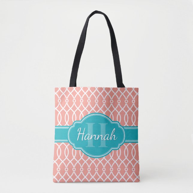 Pink White Elegant Lattice Pattern Teal Monogram Tote Bag (Front)