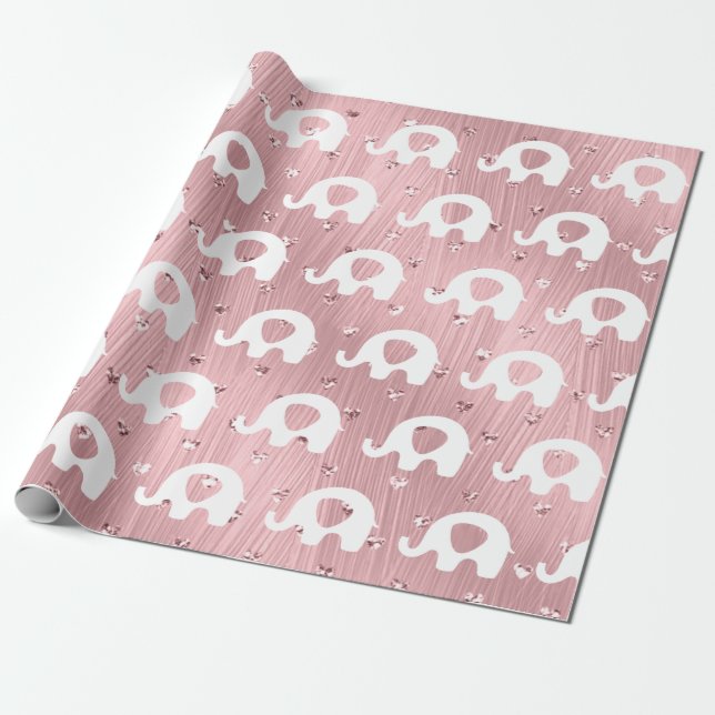 Pink White Elephant Baby Shower Princess Girl Wrapping Paper (Unrolled)