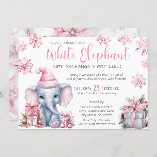PINK WHITE ELEPHANT GIFT EXCHANGE PARTY INVITATION