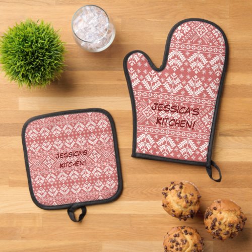 Pink  White Fair isle Pattern Background Oven Mitt  Pot Holder Set