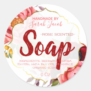 Pink White Faux Gold Floral Watercolor Soap Classic Round Sticker