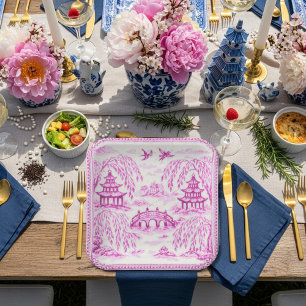 Pink white faux porcelain chinoiserie willow paper plates