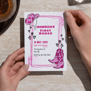 Pink & White First Rodeo Girl Birthday Invitations