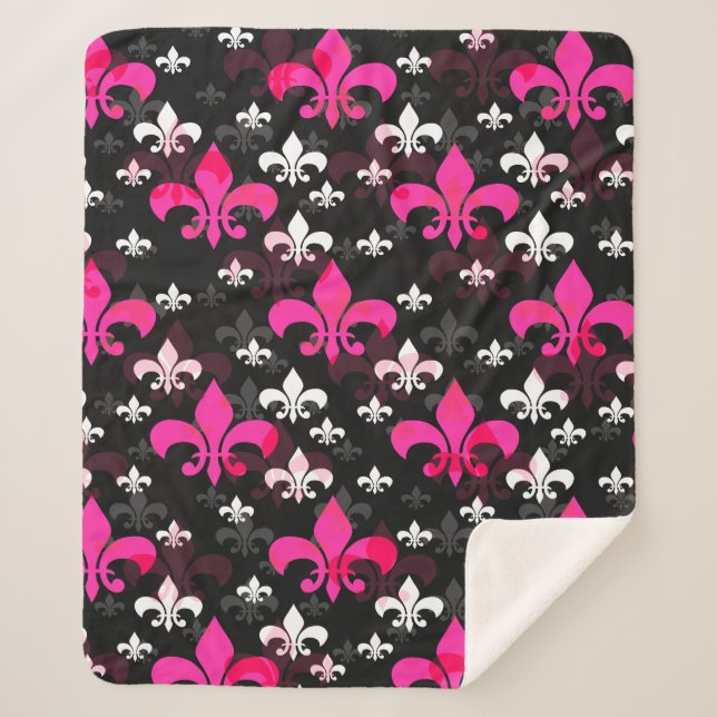 Pink White Fleur De Lis  Sherpa Blanket (Front)