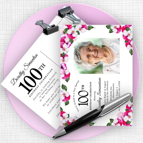 Pink White Floral 100th Birthday Invitation Postcard