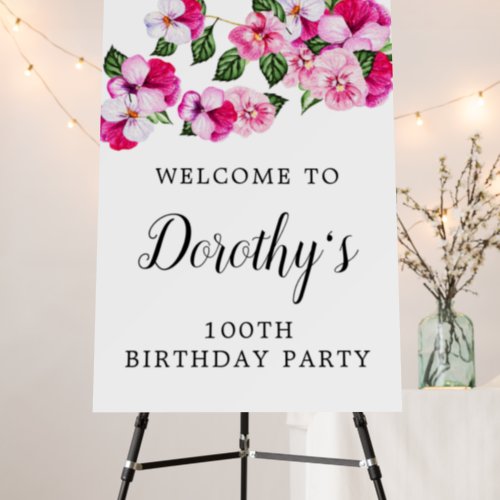 Pink White Floral 100th Birthday Party Welcome Foam Board