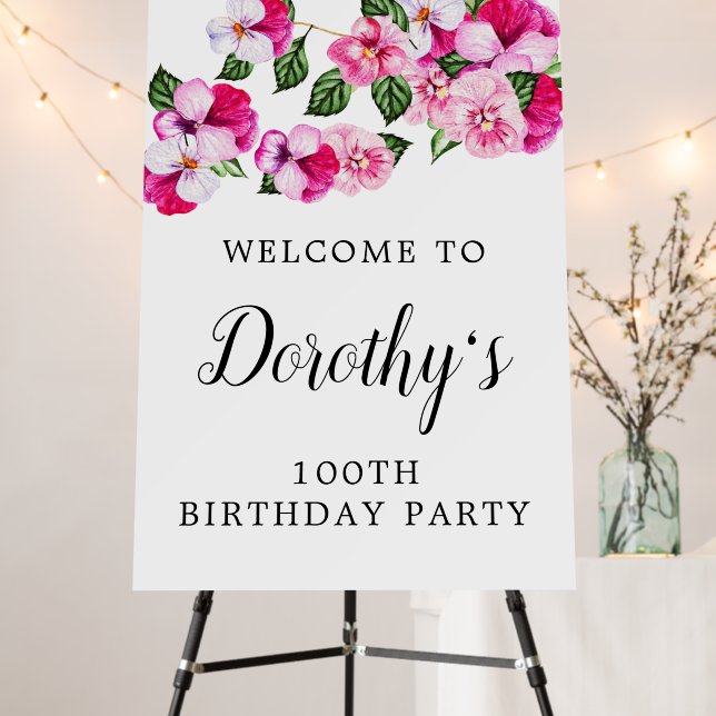 Pink White Floral 100th Birthday Party Welcome Foam Board (In Situ (Stand))