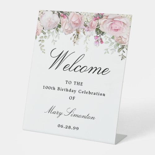 Pink White Floral 100th Birthday Party Welcome Pedestal Sign