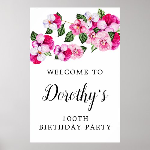 Pink White Floral 100th Birthday Party Welcome Poster
