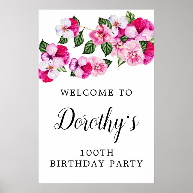 Pink White Floral 100th Birthday Party Welcome Poster (Front)