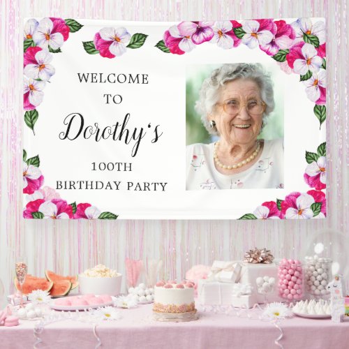 Pink White Floral 100th Birthday Welcome Banner