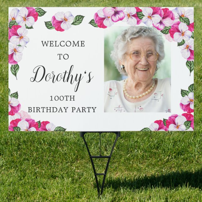 Pink White Floral 100th Birthday Welcome Yard Sign (Insitu)
