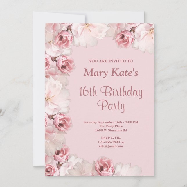 Pink/White Floral 16th Birthday Party Invitation (Front)