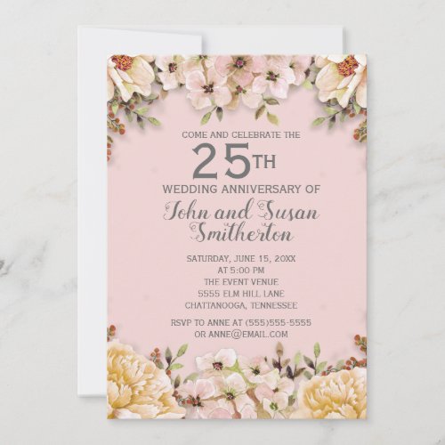 Pink White Floral 25th Wedding Anniversary Invitation