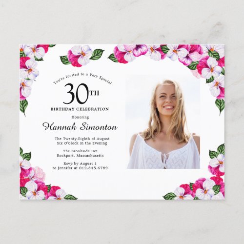 Pink White Floral 30th Birthday Invitation Postcard