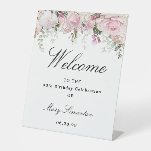 Pink White Floral 30th Birthday Party Welcome Pedestal Sign