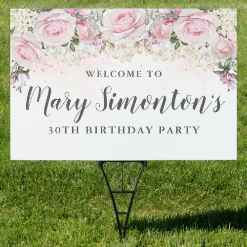Pink White Floral 30th Birthday Party Welcome Yard Sign