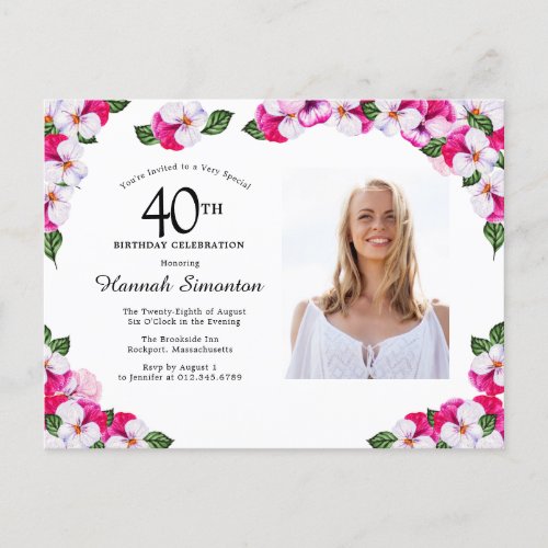Pink White Floral 40th Birthday Invitation Postcard