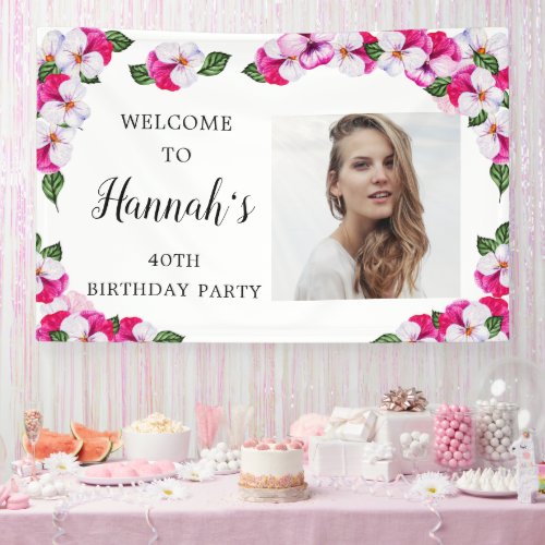 Pink White Floral 40th Birthday Welcome Banner