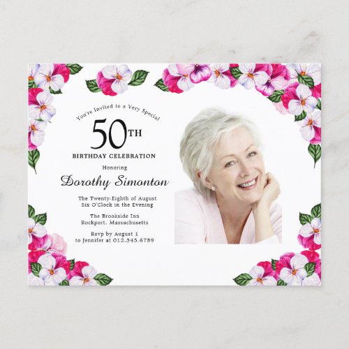Pink White Floral 50th Birthday  Invitation Postcard
