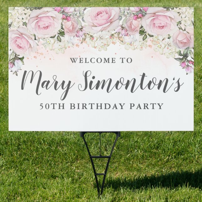 Pink White Floral 50th Birthday Party Welcome Yard Sign (Insitu)