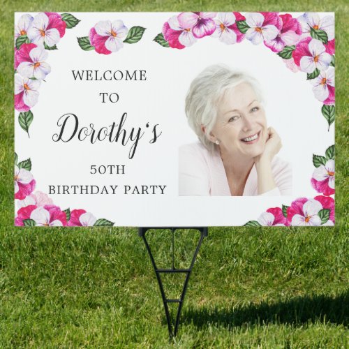 Pink White Floral 50th Birthday Welcome Yard Sign
