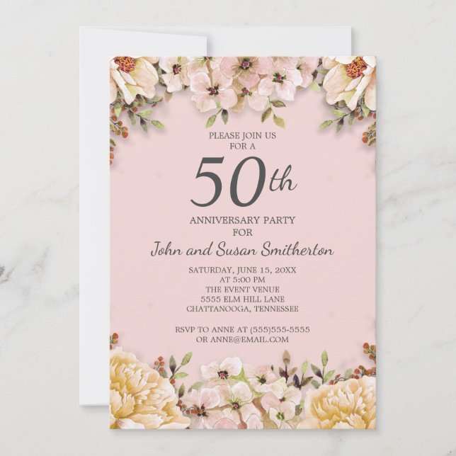 Pink White Floral 50th Wedding Anniversary Party Invitation (Front)