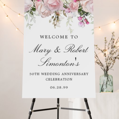 Pink White Floral 50th Wedding Anniversary Welcome Foam Board