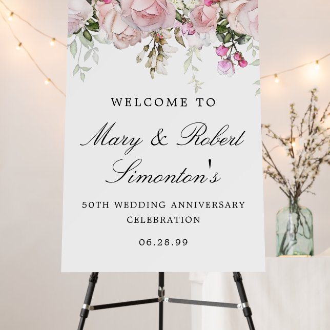 Pink White Floral 50th Wedding Anniversary Welcome Foam Board (In Situ (Stand))