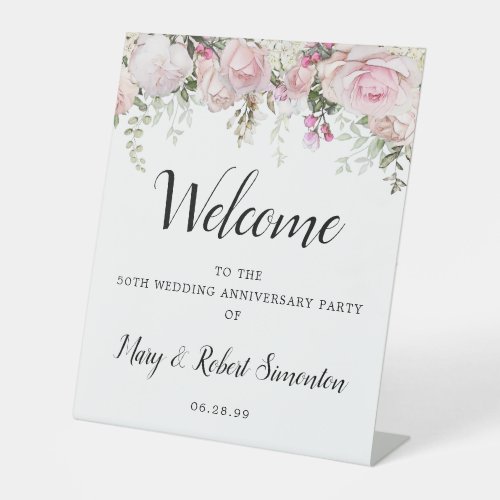 Pink White Floral 50th Wedding Anniversary Welcome Pedestal Sign