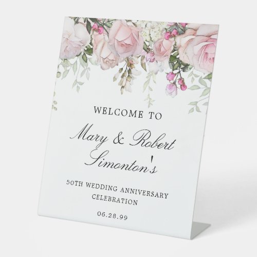 Pink White Floral 50th Wedding Anniversary Welcome Pedestal Sign