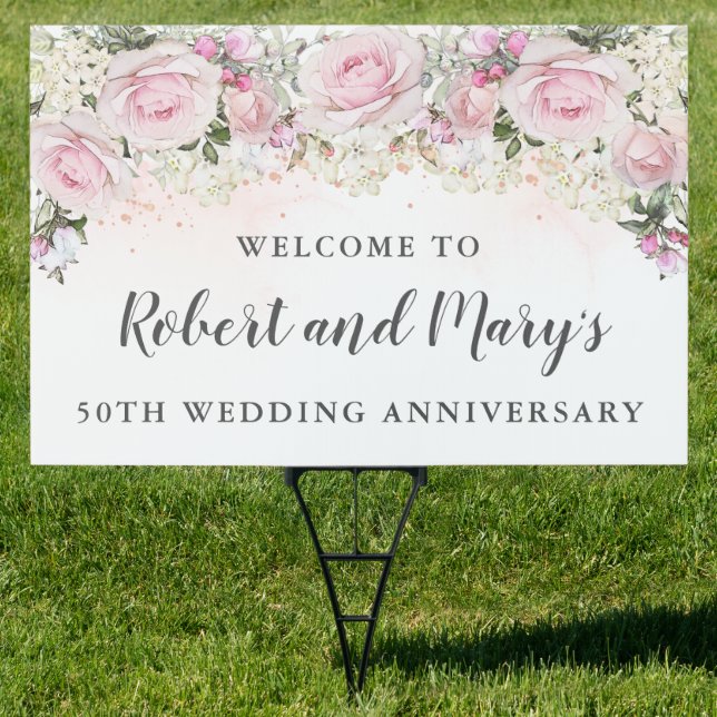 Pink White Floral 50th Wedding Anniversary Yard Sign (Insitu)