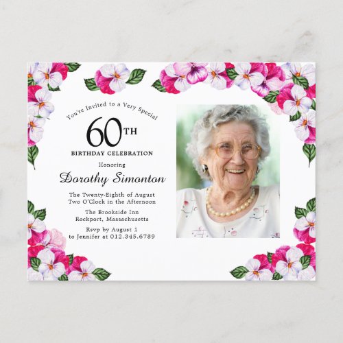 Pink White Floral 60th Birthday Invitation Postcard