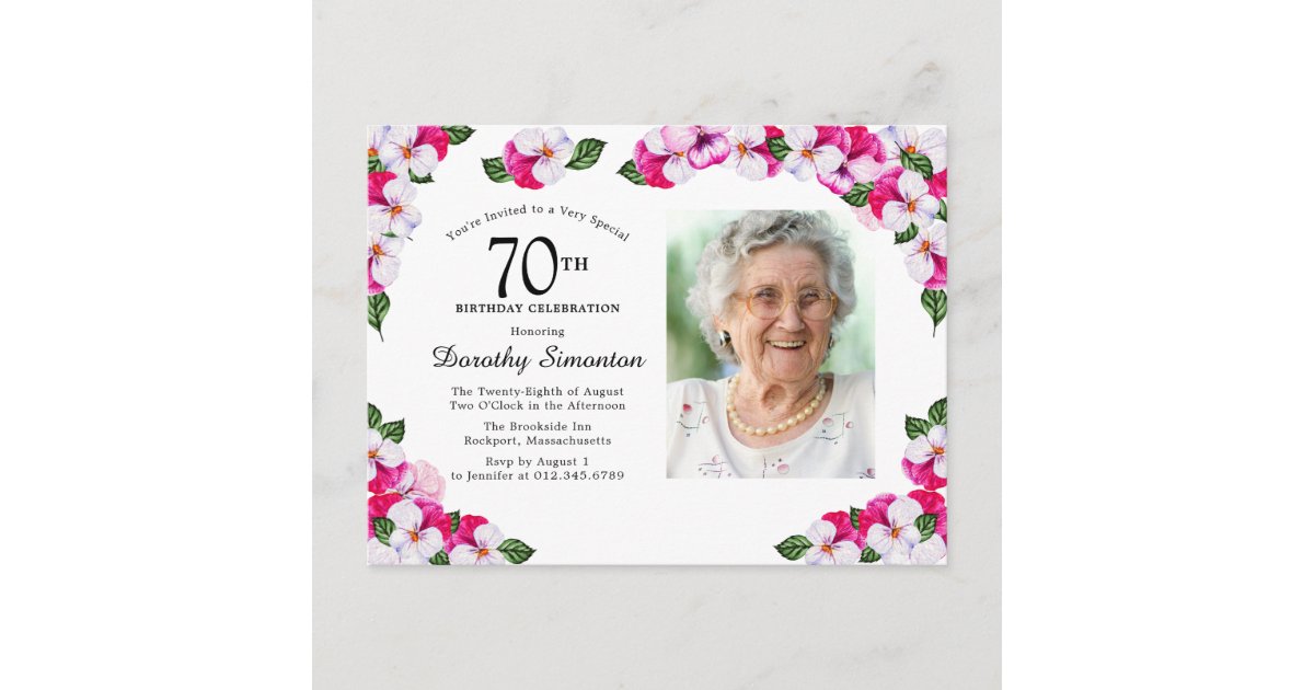Pink White Floral 70th Birthday Invitation Postcard | Zazzle