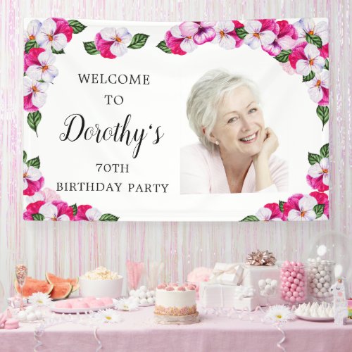 Pink White Floral 70th Birthday Welcome Banner
