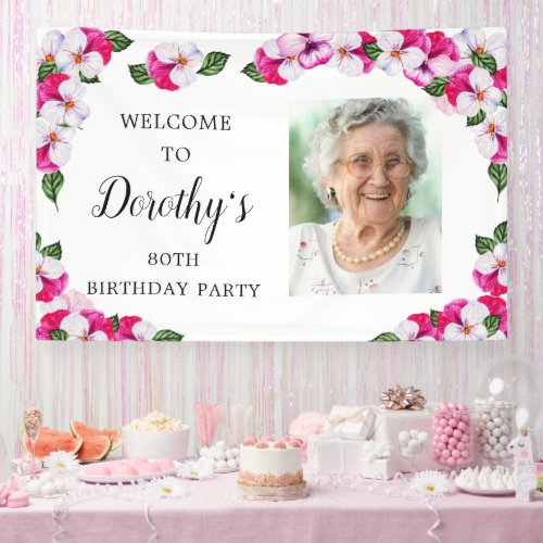 Pink White Floral 80th Birthday Welcome Banner