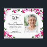 Pink White Floral 90th Birthday Invitation Postcard<br><div class="desc">Beautiful pink and white pansies are nestled in dark green leaves. 90th birthday celebration and the person's name is written in a large text. There is more room on the back of the postcard to create a special message to your guests. All of the text can be edited. Perfect choice...</div>