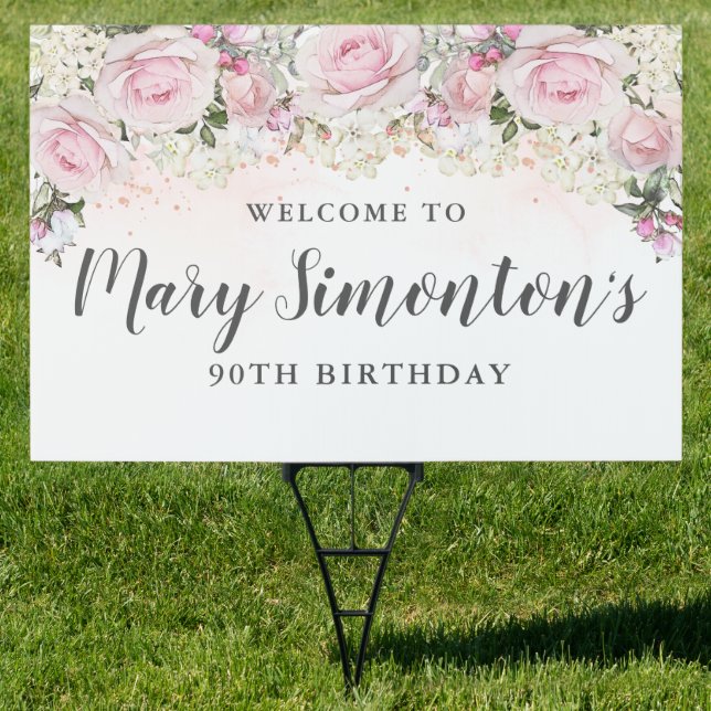 Pink White Floral 90th Birthday Party Welcome Yard Sign (Insitu)