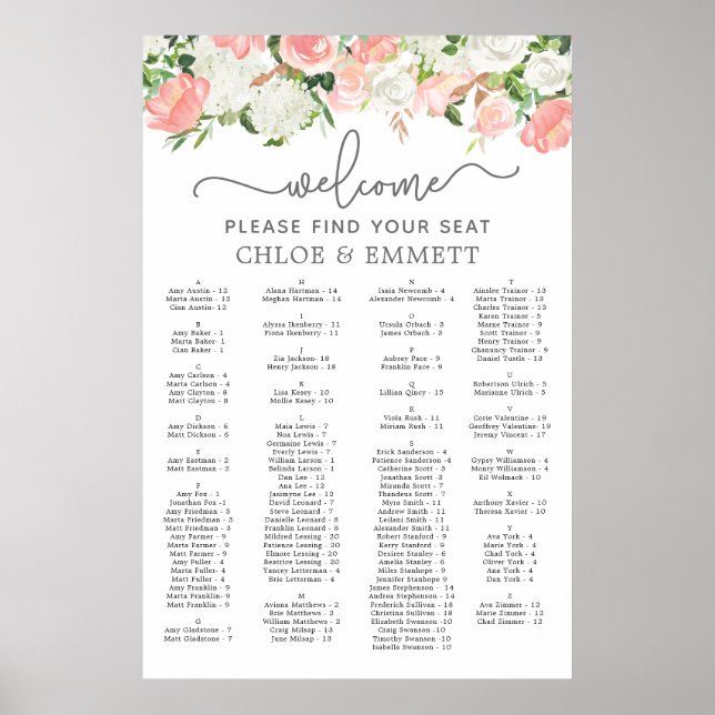 Pink White Floral Alphabetical Wedding Seating Poster (Front)