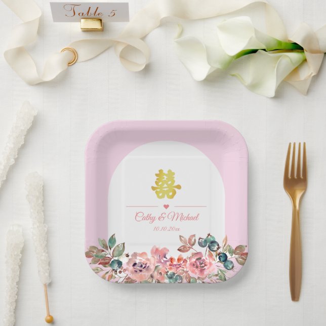 Pink white floral arch Chinese wedding Paper Plates (Wedding)