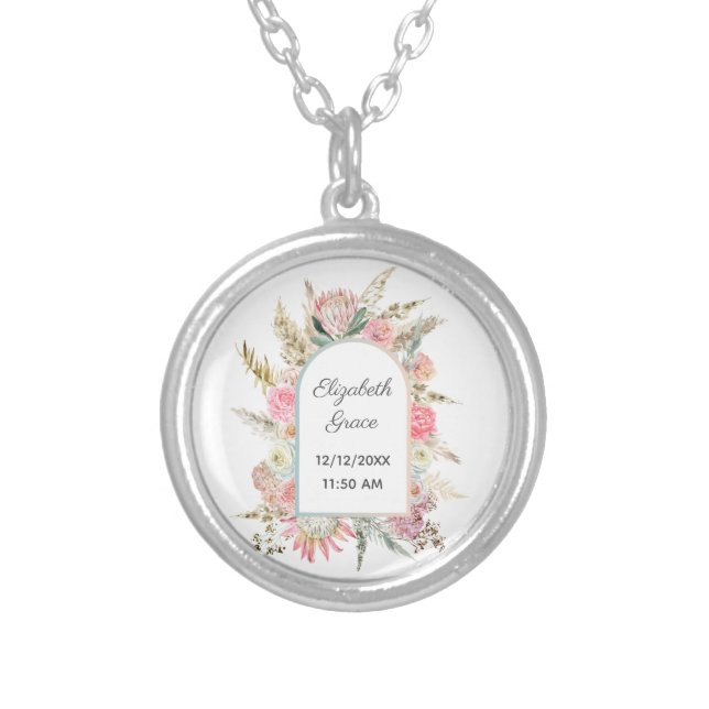 Pink White Floral Baby Birth Stats Mother's Silver Plated Necklace (Front)