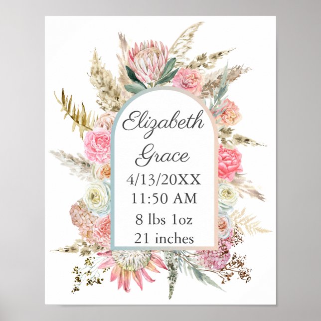 Pink White Floral Baby Birth Stats Personalized  Poster (Front)