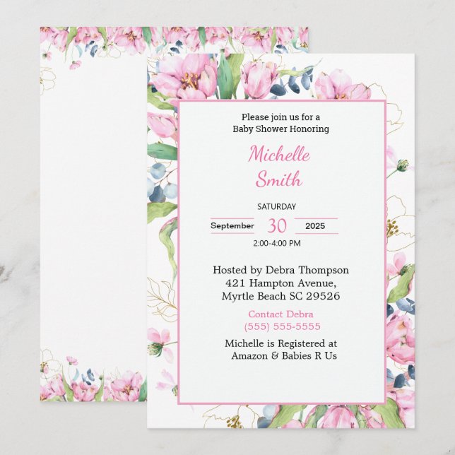   Pink White Floral Baby Shower Invitations (Front/Back)