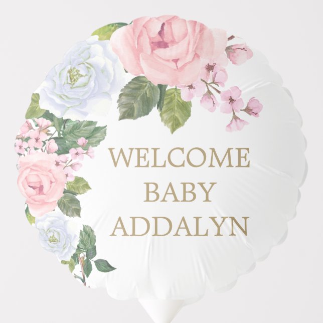 Pink White Floral Baby Shower Name Welcome Balloon (Front)